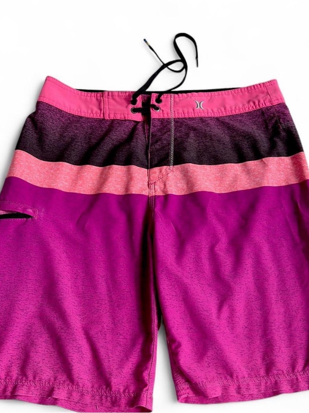 HURLEY Fuchsia and Pink Stripe Swim Shorts Sz M Gently Pre Owned